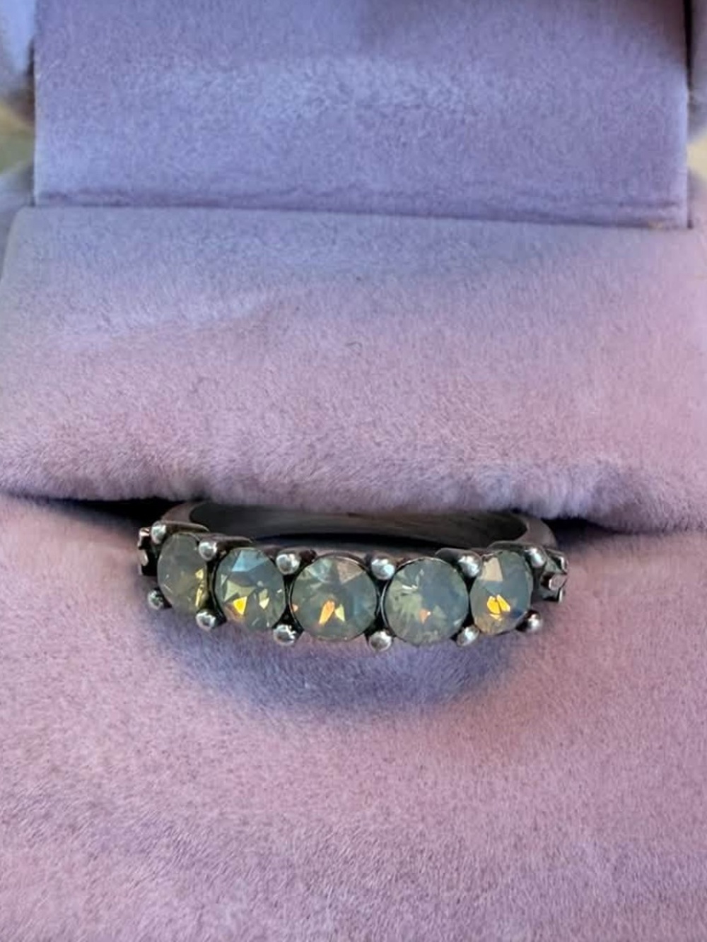 French Kande Silver White Opal Swarovski Crystal Stackable Ring